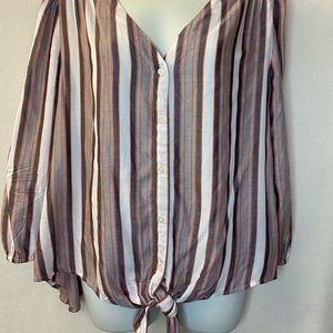 LOFT Striped Tie Bottom Button Front Blouse